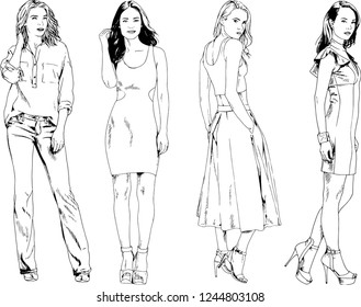 vector drawings on the theme of beautiful slim sporty girl in casual clothes in various poses painted ink hand sketch with no background