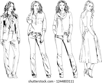 vector drawings on the theme of beautiful slim sporty girl in casual clothes in various poses painted ink hand sketch with no background