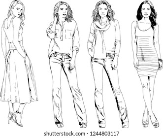 vector drawings on the theme of beautiful slim sporty girl in casual clothes in various poses painted ink hand sketch with no background