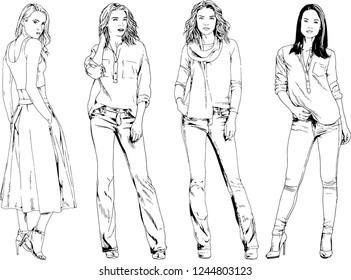 vector drawings on the theme of beautiful slim sporty girl in casual clothes in various poses painted ink hand sketch with no background