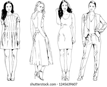 vector drawings on the theme of beautiful slim sporty girl in casual clothes in various poses painted ink hand sketch with no background