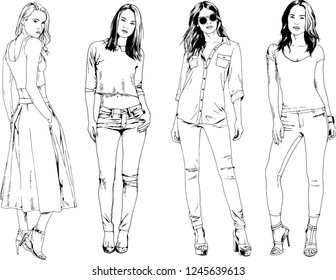 vector drawings on the theme of beautiful slim sporty girl in casual clothes in various poses painted ink hand sketch with no background