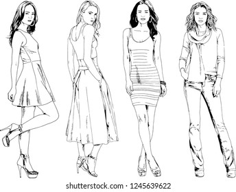 vector drawings on the theme of beautiful slim sporty girl in casual clothes in various poses painted ink hand sketch with no background