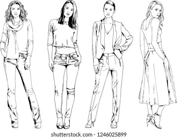 vector drawings on the theme of beautiful slim sporty girl in casual clothes in various poses painted ink hand sketch with no background