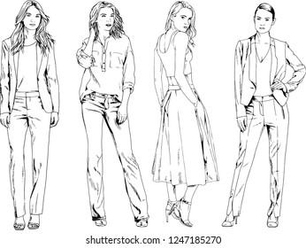 vector drawings on the theme of beautiful slim sporty girl in casual clothes in various poses painted ink hand sketch with no background
