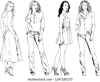 vector drawings on the theme of beautiful slim sporty girl in casual clothes in various poses painted ink hand sketch with no background