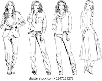 vector drawings on the theme of beautiful slim sporty girl in casual clothes in various poses painted ink hand sketch with no background