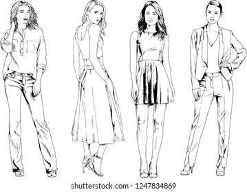 vector drawings on the theme of beautiful slim sporty girl in casual clothes in various poses painted ink hand sketch with no background