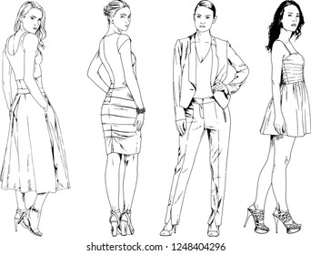 vector drawings on the theme of beautiful slim sporty girl in casual clothes in various poses painted ink hand sketch with no background