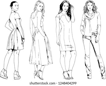 vector drawings on the theme of beautiful slim sporty girl in casual clothes in various poses painted ink hand sketch with no background