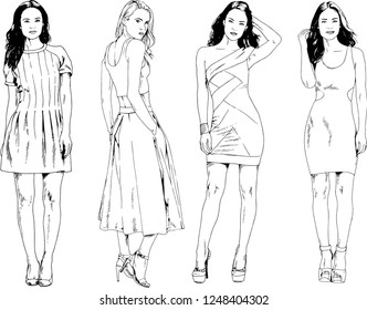 vector drawings on the theme of beautiful slim sporty girl in casual clothes in various poses painted ink hand sketch with no background