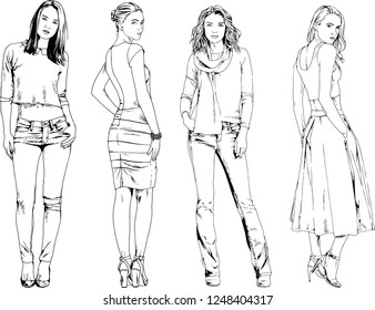vector drawings on the theme of beautiful slim sporty girl in casual clothes in various poses painted ink hand sketch with no background