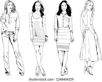 vector drawings on the theme of beautiful slim sporty girl in casual clothes in various poses painted ink hand sketch with no background