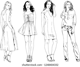 vector drawings on the theme of beautiful slim sporty girl in casual clothes in various poses painted ink hand sketch with no background