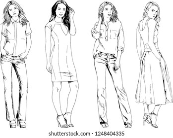 vector drawings on the theme of beautiful slim sporty girl in casual clothes in various poses painted ink hand sketch with no background