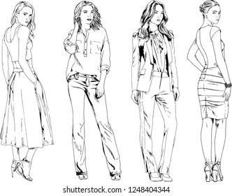 vector drawings on the theme of beautiful slim sporty girl in casual clothes in various poses painted ink hand sketch with no background