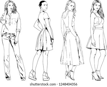 vector drawings on the theme of beautiful slim sporty girl in casual clothes in various poses painted ink hand sketch with no background