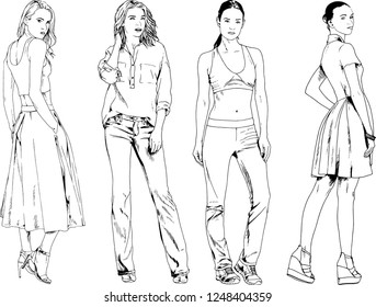 vector drawings on the theme of beautiful slim sporty girl in casual clothes in various poses painted ink hand sketch with no background