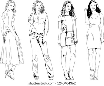 vector drawings on the theme of beautiful slim sporty girl in casual clothes in various poses painted ink hand sketch with no background