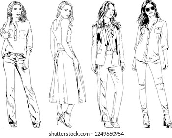 vector drawings on the theme of beautiful slim sporty girl in casual clothes in various poses painted ink hand sketch with no background