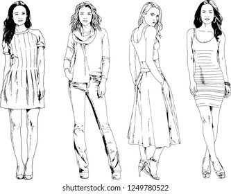 vector drawings on the theme of beautiful slim sporty girl in casual clothes in various poses painted ink hand sketch with no background