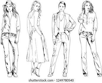 vector drawings on the theme of beautiful slim sporty girl in casual clothes in various poses painted ink hand sketch with no background