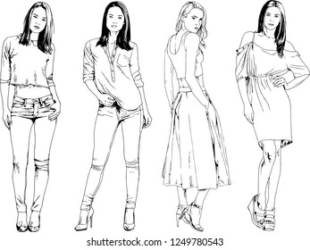 vector drawings on the theme of beautiful slim sporty girl in casual clothes in various poses painted ink hand sketch with no background
