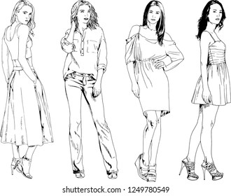 vector drawings on the theme of beautiful slim sporty girl in casual clothes in various poses painted ink hand sketch with no background