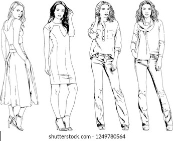 vector drawings on the theme of beautiful slim sporty girl in casual clothes in various poses painted ink hand sketch with no background