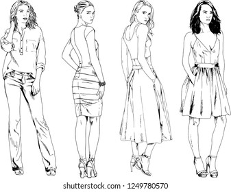 vector drawings on the theme of beautiful slim sporty girl in casual clothes in various poses painted ink hand sketch with no background