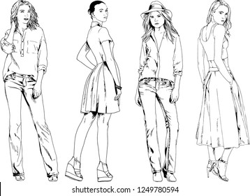 vector drawings on the theme of beautiful slim sporty girl in casual clothes in various poses painted ink hand sketch with no background