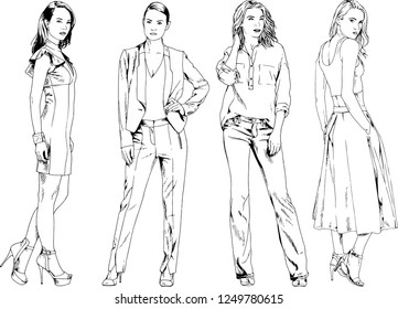 vector drawings on the theme of beautiful slim sporty girl in casual clothes in various poses painted ink hand sketch with no background