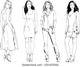 vector drawings on the theme of beautiful slim sporty girl in casual clothes in various poses painted ink hand sketch with no background