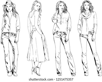 vector drawings on the theme of beautiful slim sporty girl in casual clothes in various poses painted ink hand sketch with no background