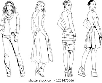 vector drawings on the theme of beautiful slim sporty girl in casual clothes in various poses painted ink hand sketch with no background