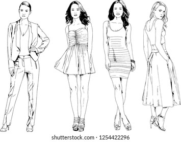 vector drawings on the theme of beautiful slim sporty girl in casual clothes in various poses painted ink hand sketch with no background