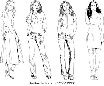 vector drawings on the theme of beautiful slim sporty girl in casual clothes in various poses painted ink hand sketch with no background