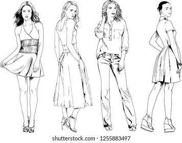 vector drawings on the theme of beautiful slim sporty girl in casual clothes in various poses painted ink hand sketch with no background