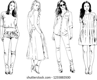 vector drawings on the theme of beautiful slim sporty girl in casual clothes in various poses painted ink hand sketch with no background