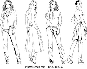 vector drawings on the theme of beautiful slim sporty girl in casual clothes in various poses painted ink hand sketch with no background