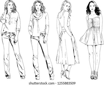 vector drawings on the theme of beautiful slim sporty girl in casual clothes in various poses painted ink hand sketch with no background