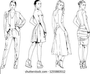 vector drawings on the theme of beautiful slim sporty girl in casual clothes in various poses painted ink hand sketch with no background