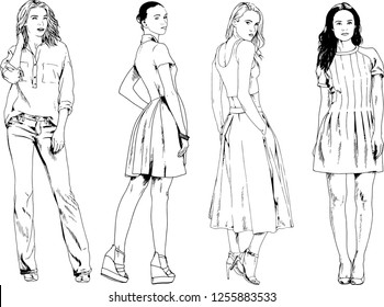 vector drawings on the theme of beautiful slim sporty girl in casual clothes in various poses painted ink hand sketch with no background