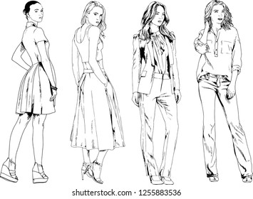 vector drawings on the theme of beautiful slim sporty girl in casual clothes in various poses painted ink hand sketch with no background