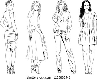 vector drawings on the theme of beautiful slim sporty girl in casual clothes in various poses painted ink hand sketch with no background