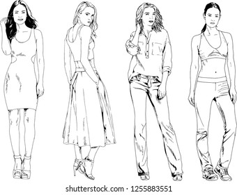 vector drawings on the theme of beautiful slim sporty girl in casual clothes in various poses painted ink hand sketch with no background