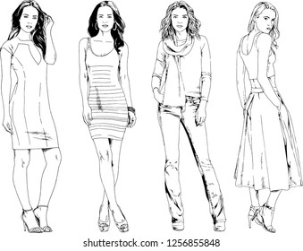 vector drawings on the theme of beautiful slim sporty girl in casual clothes in various poses painted ink hand sketch with no background