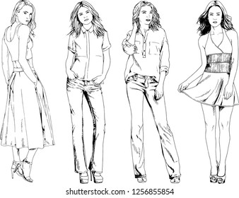 vector drawings on the theme of beautiful slim sporty girl in casual clothes in various poses painted ink hand sketch with no background