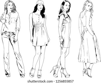 vector drawings on the theme of beautiful slim sporty girl in casual clothes in various poses painted ink hand sketch with no background