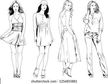 vector drawings on the theme of beautiful slim sporty girl in casual clothes in various poses painted ink hand sketch with no background